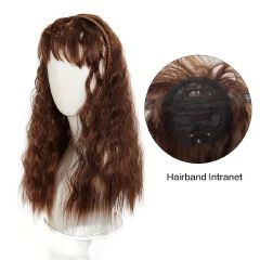 FBK Hair Piece Braid and Headband Wig Integrated, with Bangs and Small Curls, Heat-Resistant Synthetic Fiber Fashionable Headband Wig Suitable for Daily Work Christmas and Party Wear