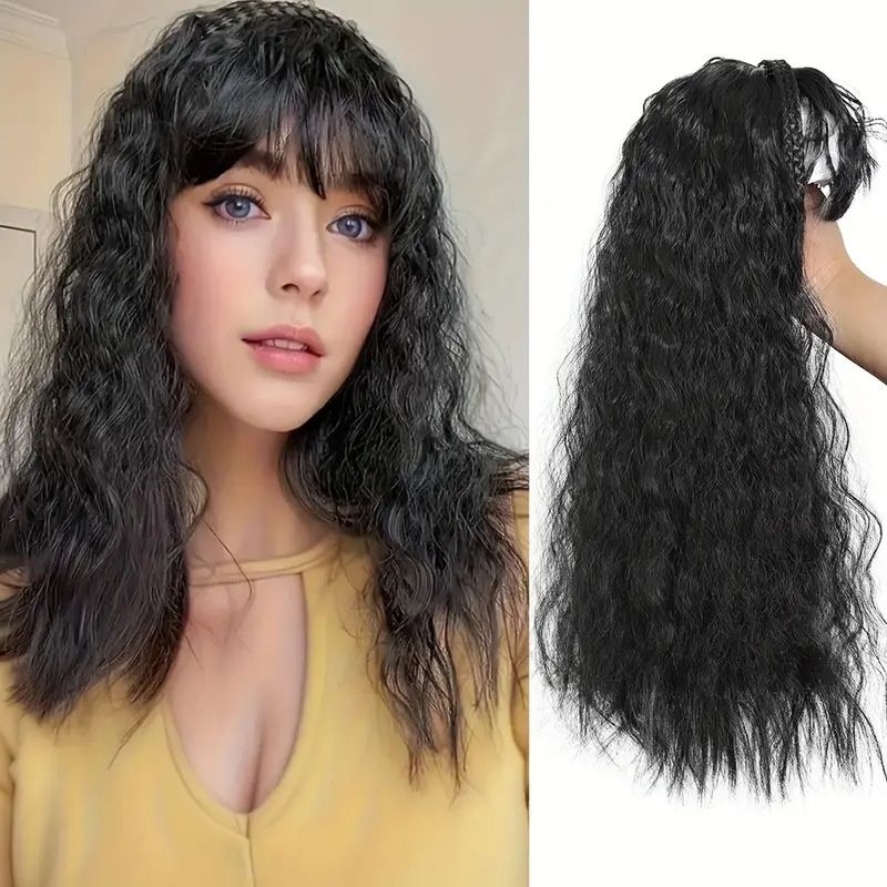 Hair Piece Braid and Headband Wig Integrated, with Bangs and Small Curls, Heat-Resistant Synthetic Fiber Fashionable Headband Wig Suitable for Daily Work Christmas and Party Wear