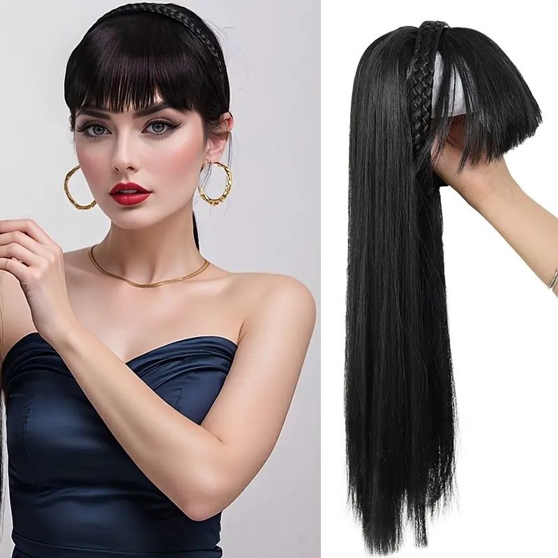 Hair Piece Braid and Headband Wig Integrated Long Straight Wig with Bangs Heat-Resistant Synthetic Fiber Fashionable Headband Wig Suitable for Daily Work Christmas and Party Wear