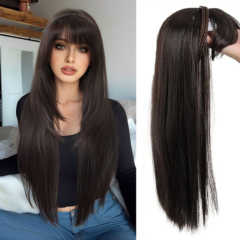 Hair Piece Braid and Headband Wig Integrated Long Straight Wig with Bangs Heat-Resistant Synthetic Fiber Fashionable Headband Wig Suitable for Daily Work Christmas and Party Wear