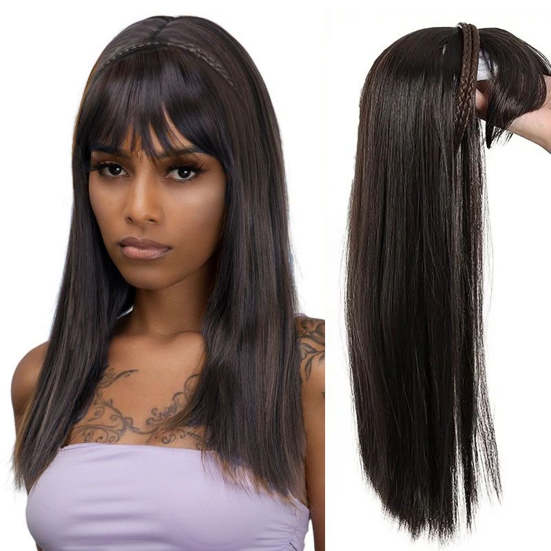 Hair Piece Braid and Headband Wig Integrated Long Straight Wig with Bangs Heat-Resistant Synthetic Fiber Fashionable Headband Wig Suitable for Daily Work Christmas and Party Wear