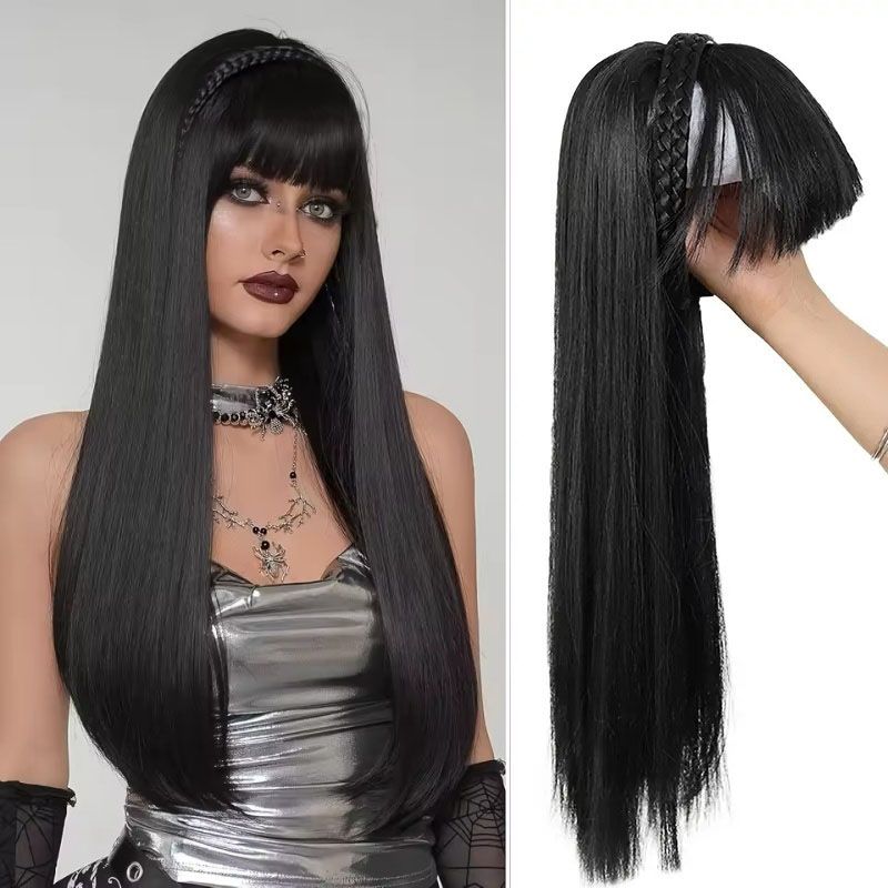 Hair Piece Braid and Headband Wig Integrated Long Straight Wig with Bangs Heat-Resistant Synthetic Fiber Fashionable Headband Wig Suitable for Daily Work Christmas and Party Wear