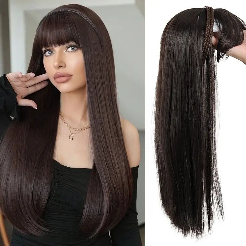 Hair Piece Braid and Headband Wig Integrated Long Straight Wig with Bangs Heat-Resistant Synthetic Fiber Fashionable Headband Wig Suitable for Daily Work Christmas and Party Wear