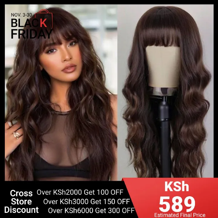 FBK Elegant Brown Long Curly Wig for Women 26 Inches Heat Resistant Synthetic Fiber Buckle Net Cap Perfect for Parties Events Party Wig Elegant Hairpiece Curly Wave Texture Long Wig