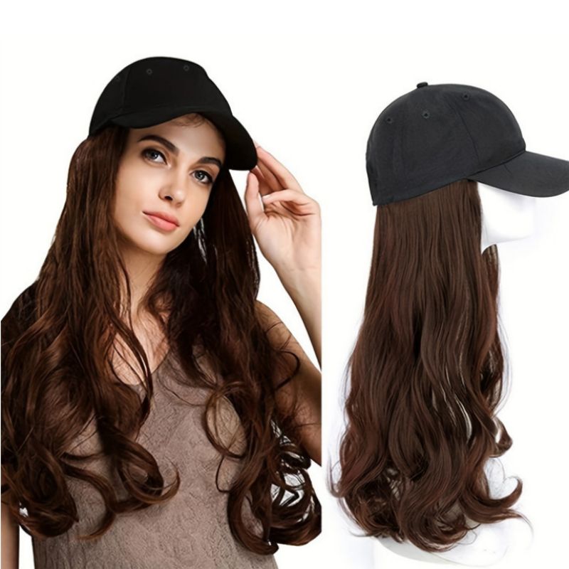 Hat Wigs Long Curly Wavy Synthetic Hair Wigs With Baseball Cap Hat 26 Inches Black and Brown Attached Halloween Costume Party Wigs Gift for Women