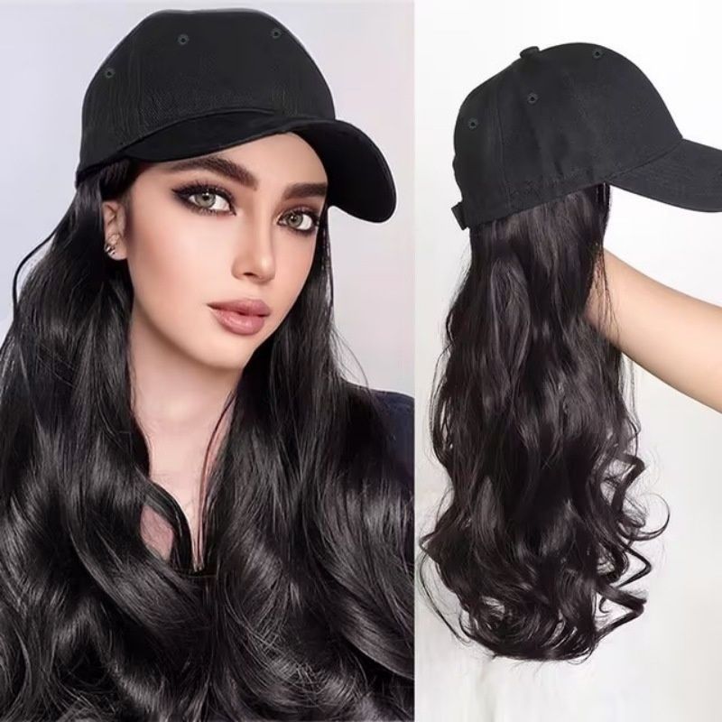 Hat Wigs Long Curly Wavy Synthetic Hair Wigs With Baseball Cap Hat 26 Inches Black and Brown Attached Halloween Costume Party Wigs Gift for Women