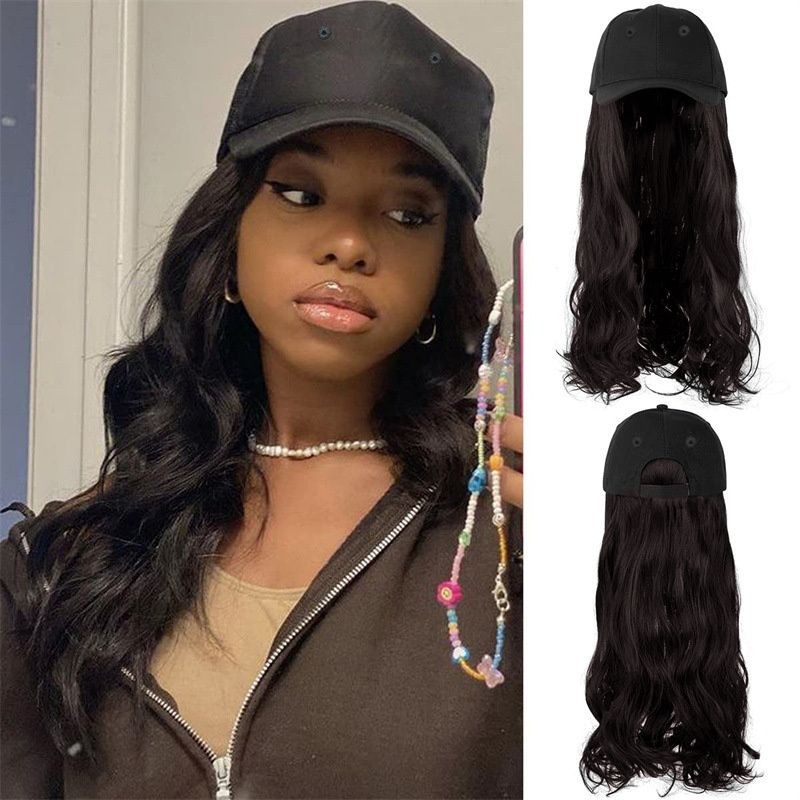 Hat Wigs Long Curly Wavy Synthetic Hair Wigs With Baseball Cap Hat 26 Inches Black and Brown Attached Halloween Costume Party Wigs Gift for Women