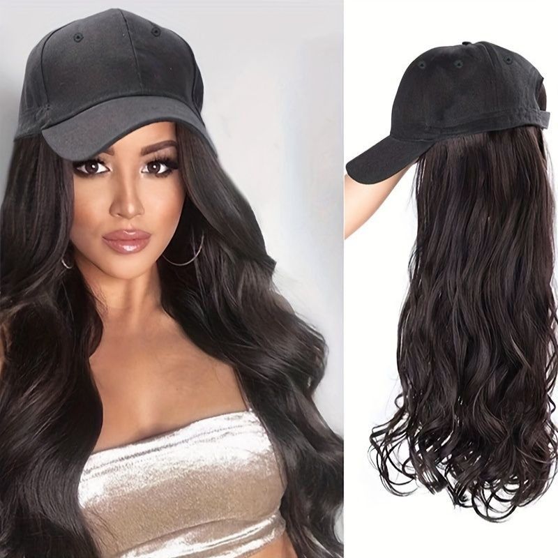 Hat Wigs Long Curly Wavy Synthetic Hair Wigs With Baseball Cap Hat 26 Inches Black and Brown Attached Halloween Costume Party Wigs Gift for Women