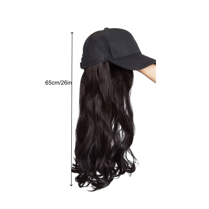 Hat Wigs Long Curly Wavy Synthetic Hair Wigs With Baseball Cap Hat 26 Inches Black and Brown Attached Halloween Costume Party Wigs Gift for Women