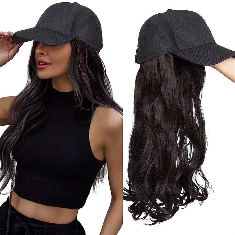 Hat Wigs Long Curly Wavy Synthetic Hair Wigs With Baseball Cap Hat 26 Inches Black and Brown Attached Halloween Costume Party Wigs Gift for Women