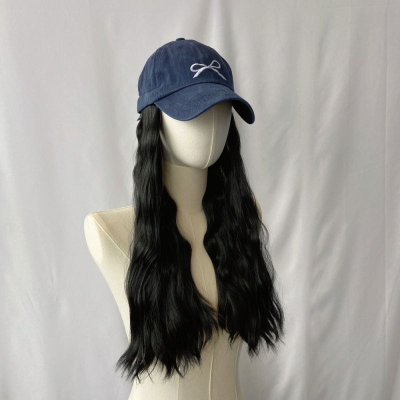 Women's Wig Hat Wig Black Integrated Wig Bow Denim Hat Wavy Long Curly Hair Suitable for Women'S Daily Wear Christmas and Valentine's Day Wear