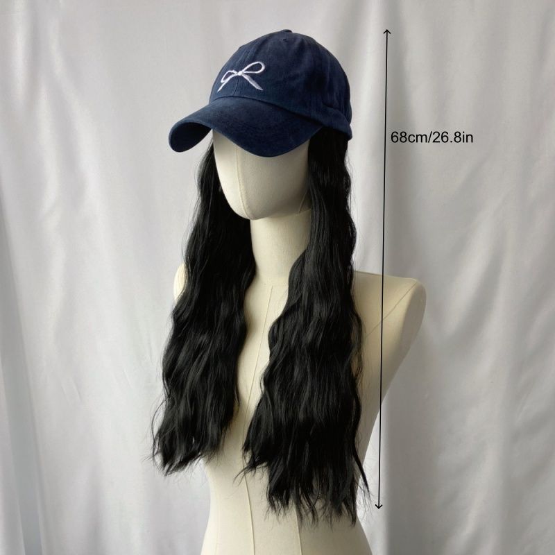 Women's Wig Hat Wig Black Integrated Wig Bow Denim Hat Wavy Long Curly Hair Suitable for Women'S Daily Wear Christmas and Valentine's Day Wear