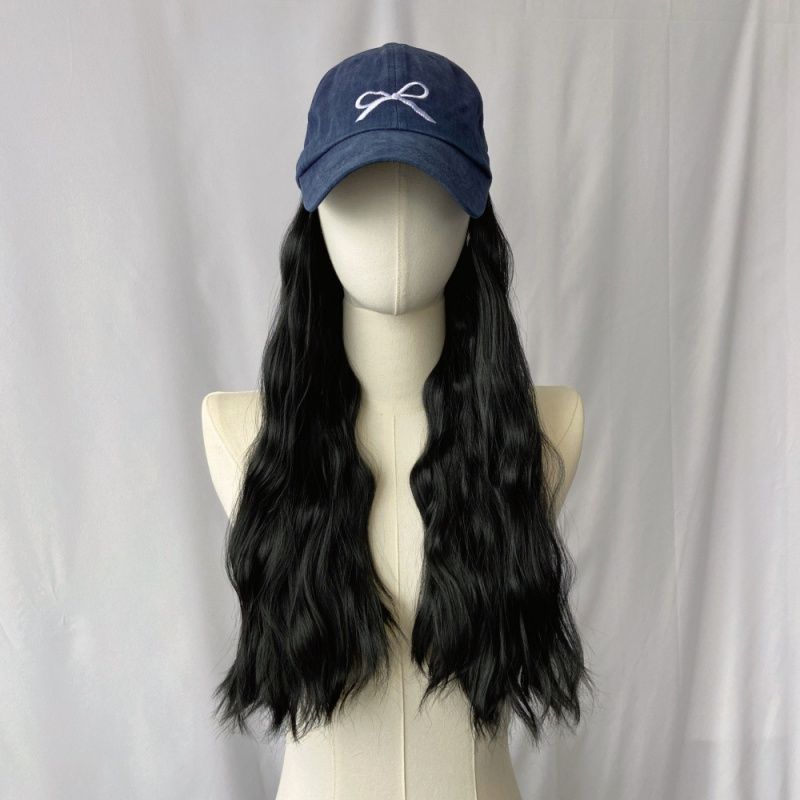 Women's Wig Hat Wig Black Integrated Wig Bow Denim Hat Wavy Long Curly Hair Suitable for Women'S Daily Wear Christmas and Valentine's Day Wear