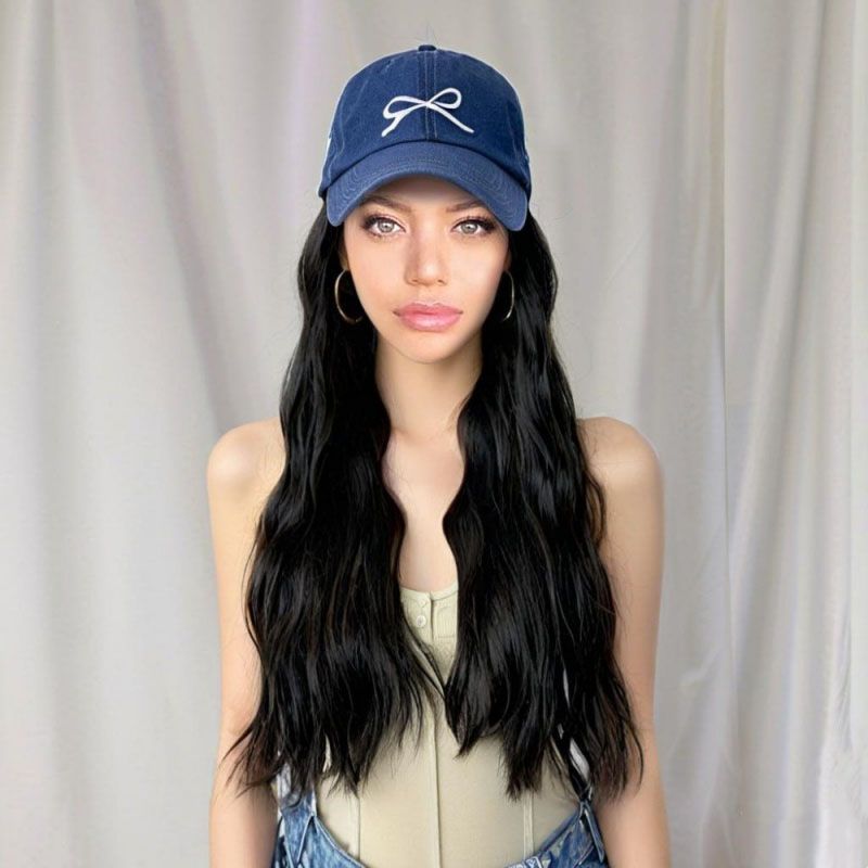 Women's Wig Hat Wig Black Integrated Wig Bow Denim Hat Wavy Long Curly Hair Suitable for Women'S Daily Wear Christmas and Valentine's Day Wear