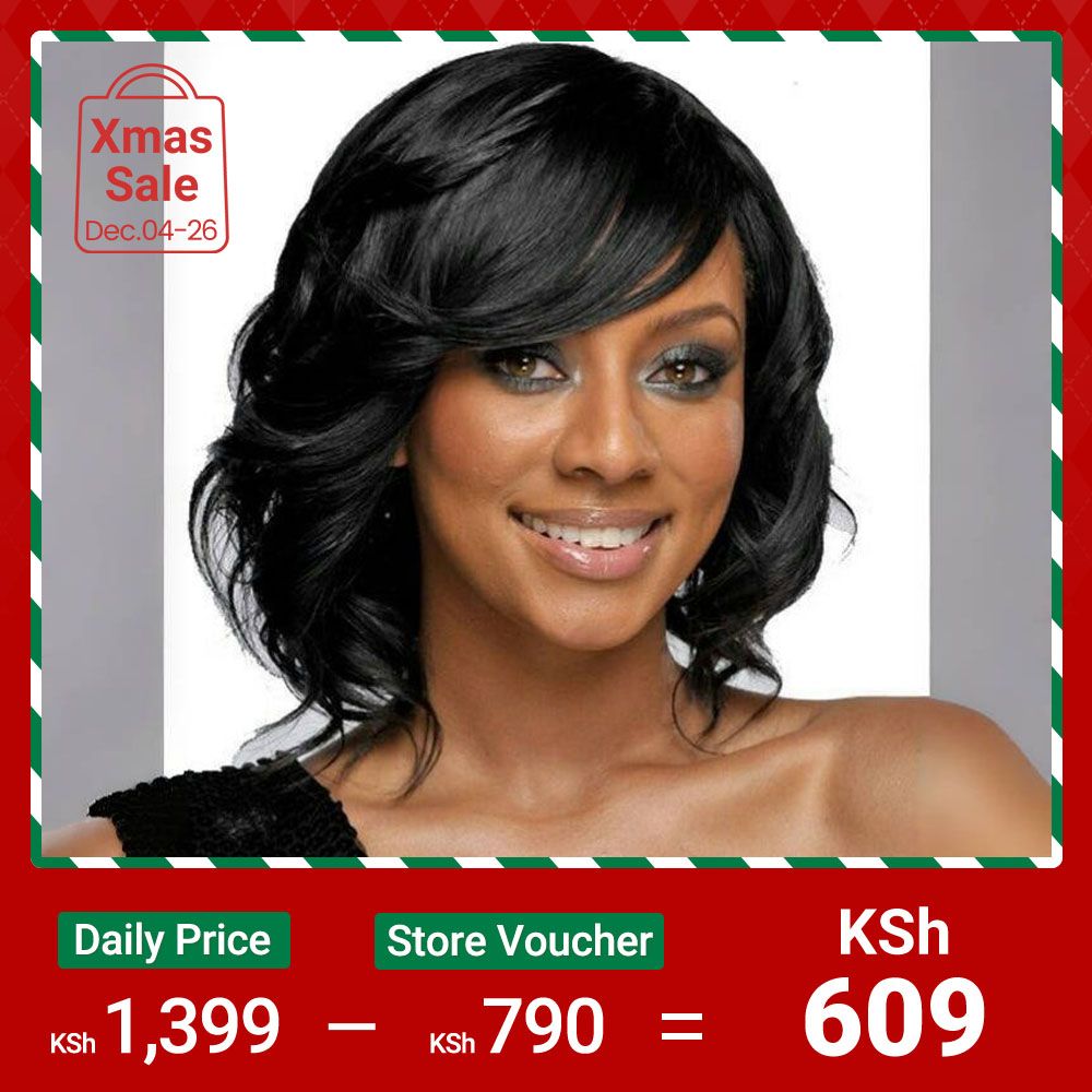 FBK Natural Black Short Thick Wig Heat Resistant Synthetic Hair for African Women Daily Wear Party Music Festival Carnival Halloween Birthday Gift Easy Install