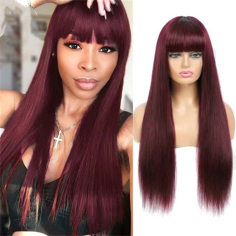 Women's Fashionable Red Long Straight Wig with Bangs 26Inch Heat Resistant Synthetic Natural Looking Soft Hair for Daily Wear, Cosplay, Halloween, Music Festivals, and Christmas Events for Ladies Gift