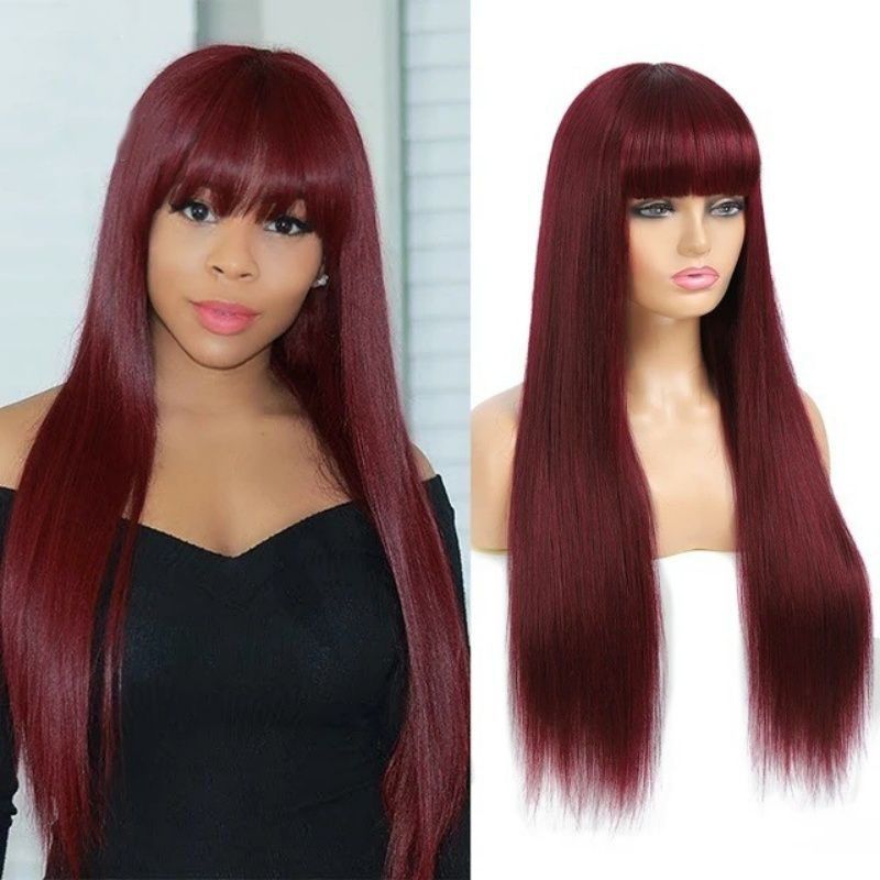 Women's Fashionable Red Long Straight Wig with Bangs 26Inch Heat Resistant Synthetic Natural Looking Soft Hair for Daily Wear, Cosplay, Halloween, Music Festivals, and Christmas Events for Ladies Gift