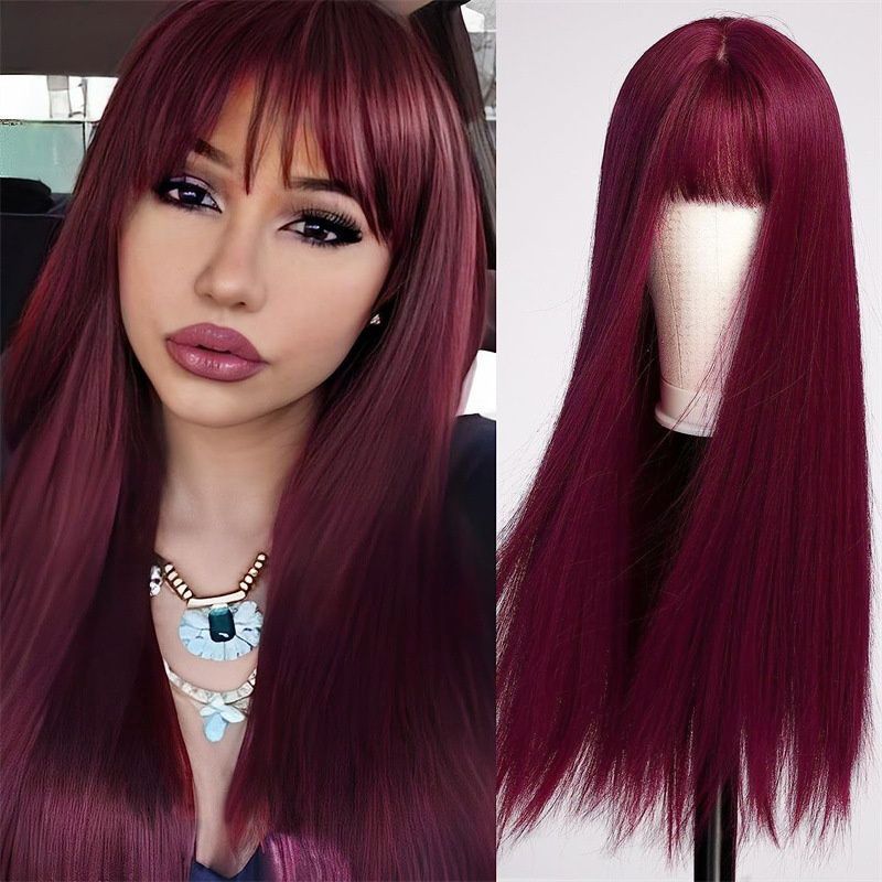Women's Fashionable Red Long Straight Wig with Bangs 26Inch Heat Resistant Synthetic Natural Looking Soft Hair for Daily Wear, Cosplay, Halloween, Music Festivals, and Christmas Events for Ladies Gift