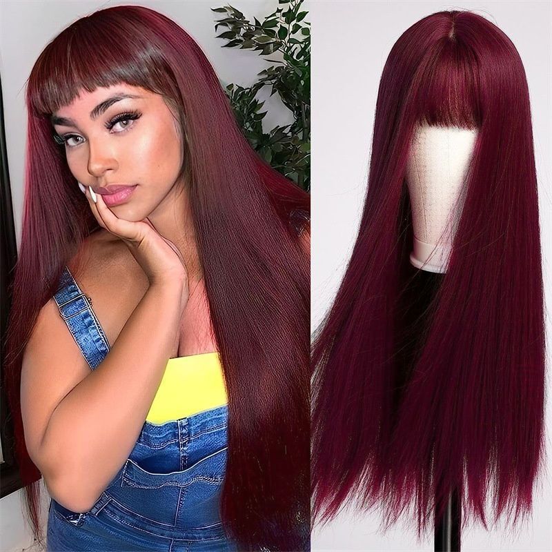 Women's Fashionable Red Long Straight Wig with Bangs 26Inch Heat Resistant Synthetic Natural Looking Soft Hair for Daily Wear, Cosplay, Halloween, Music Festivals, and Christmas Events for Ladies Gift