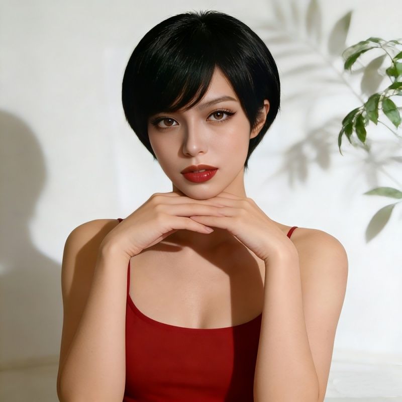 FBK Short Wigs for Ladies 9 Inches Fashion and Elegant Straight Hair Heat-Resistant Synthetic Fiber Wig Black for Daily Wear and Party Event Suitable for Women Gift