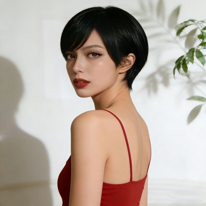 FBK Short Wigs for Ladies 9 Inches Fashion and Elegant Straight Hair Heat-Resistant Synthetic Fiber Wig Black for Daily Wear and Party Event Suitable for Women Gift