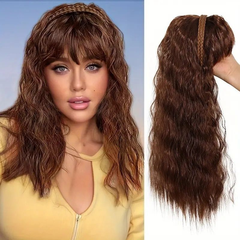 Hair Piece Braid and Headband Wig Integrated, with Bangs and Small Curls, Heat-Resistant Synthetic Fiber Fashionable Headband Wig Suitable for Daily Work Christmas and Party Wear
