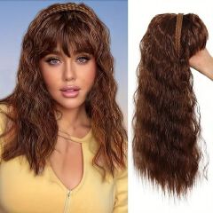 FBK Hair Piece Braid and Headband Wig Integrated, with Bangs and Small Curls, Heat-Resistant Synthetic Fiber Fashionable Headband Wig Suitable for Daily Work Christmas and Party Wear