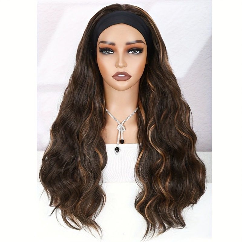 FBK Women's Wig Headbands Wigs Curly Hair 24 Inch Brown Wigs Women'S Synthetic Wig Breathable Mesh Cap QSROCIO