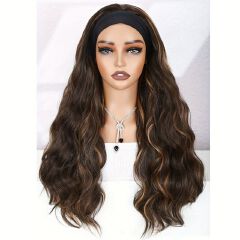 FBK Women's Wig Headbands Wigs Curly Hair 24 Inch Brown Wigs Women'S Synthetic Wig Breathable Mesh Cap QSROCIO