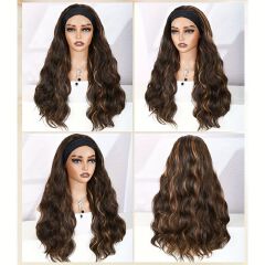 FBK Women's Wig Headbands Wigs Curly Hair 24 Inch Brown Wigs Women'S Synthetic Wig Breathable Mesh Cap QSROCIO