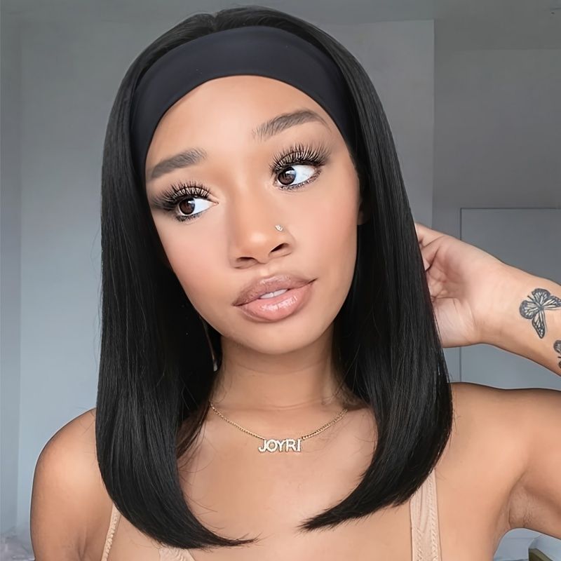 Women's Wig Headband Wig Straight Hair Wig 16 Inch Black And Brown Women'S Synthetic Wig Breathable Mesh Cap QSROCIO