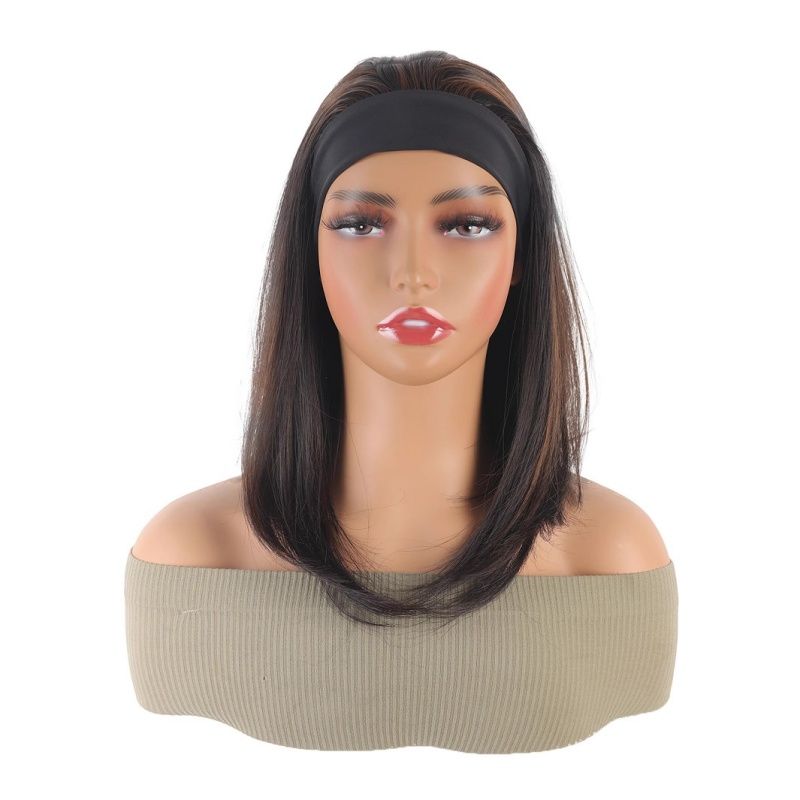 Women's Wig Headband Wig Straight Hair Wig 16 Inch Black And Brown Women'S Synthetic Wig Breathable Mesh Cap QSROCIO