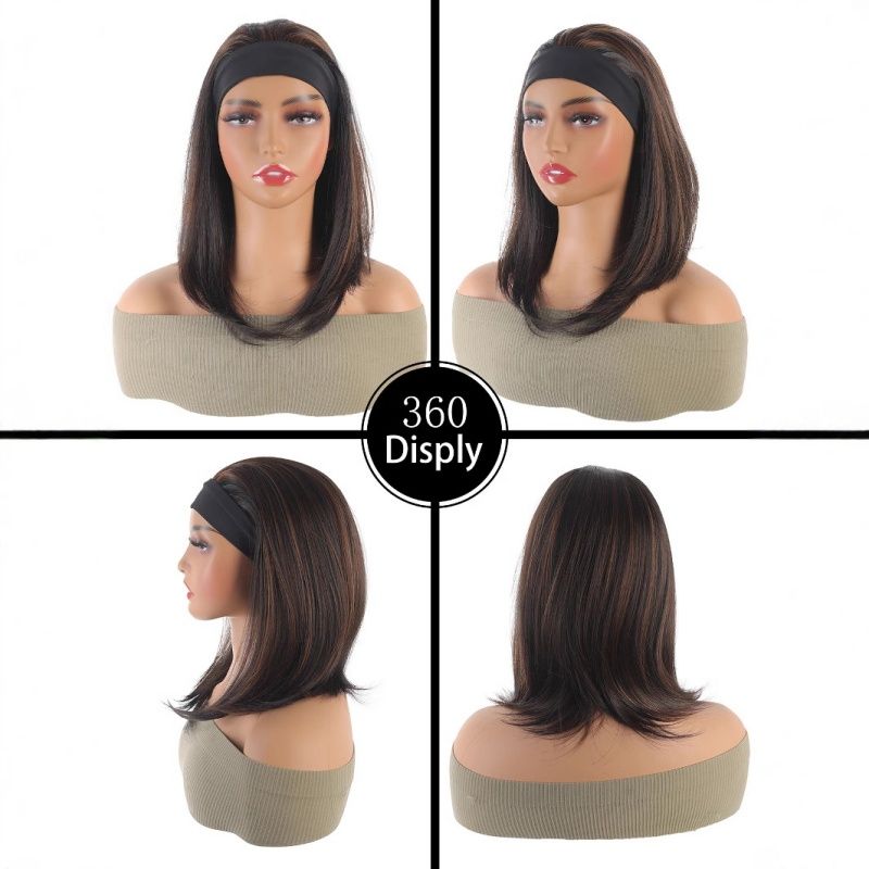 Women's Wig Headband Wig Straight Hair Wig 16 Inch Black And Brown Women'S Synthetic Wig Breathable Mesh Cap QSROCIO