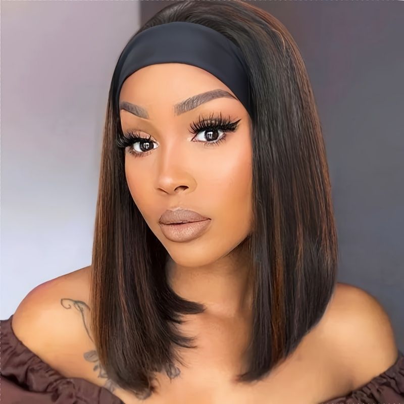 Women's Wig Headband Wig Straight Hair Wig 16 Inch Black And Brown Women'S Synthetic Wig Breathable Mesh Cap QSROCIO