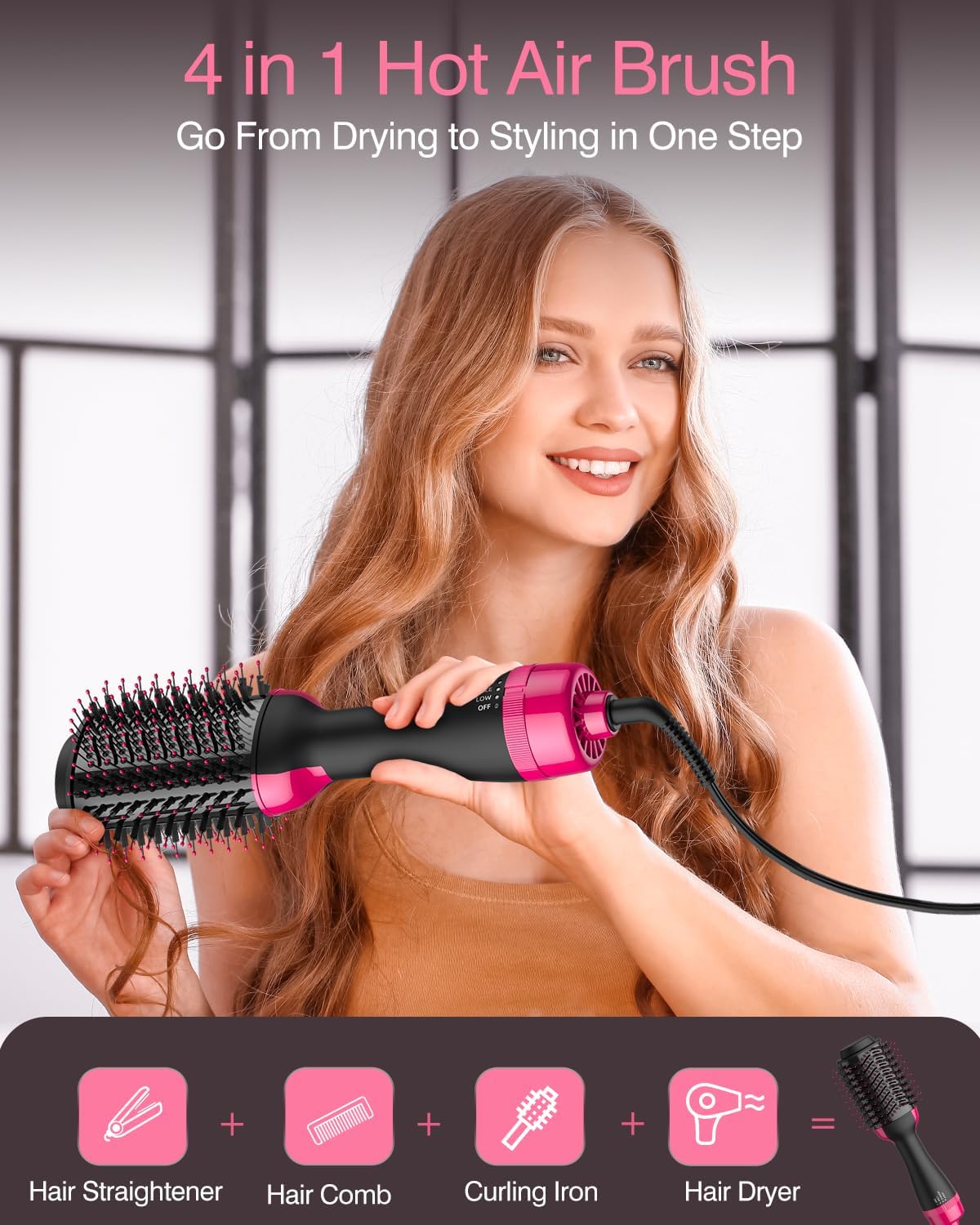 【Promotion】Hair Dryer Blow Dryer Brush, Hair Dryer and Styler Volumizer, Hot Air Brush for Straightening, Curling, Drying, Salon, One Step Styling Tools Pink