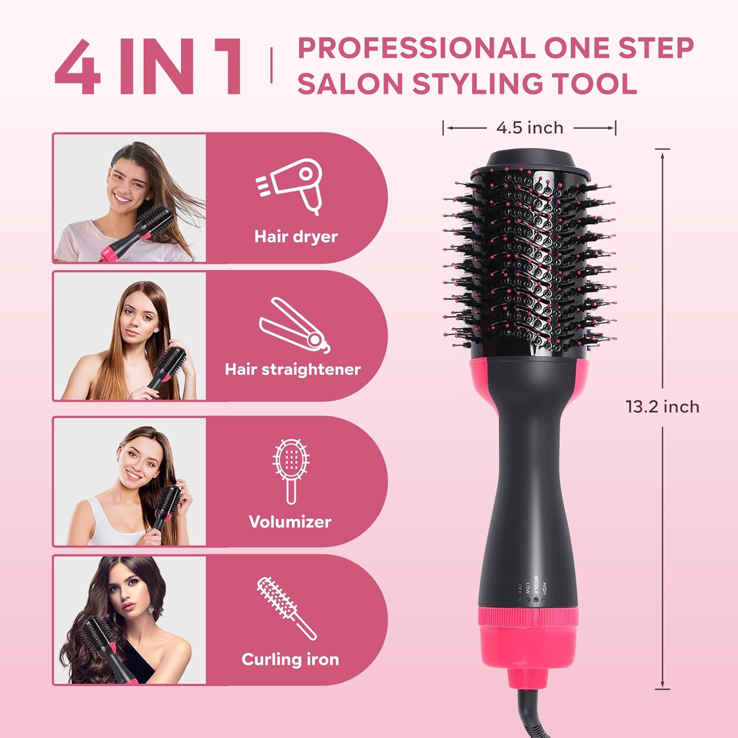 【Promotion】Hair Dryer Blow Dryer Brush, Hair Dryer and Styler Volumizer, Hot Air Brush for Straightening, Curling, Drying, Salon, One Step Styling Tools Pink