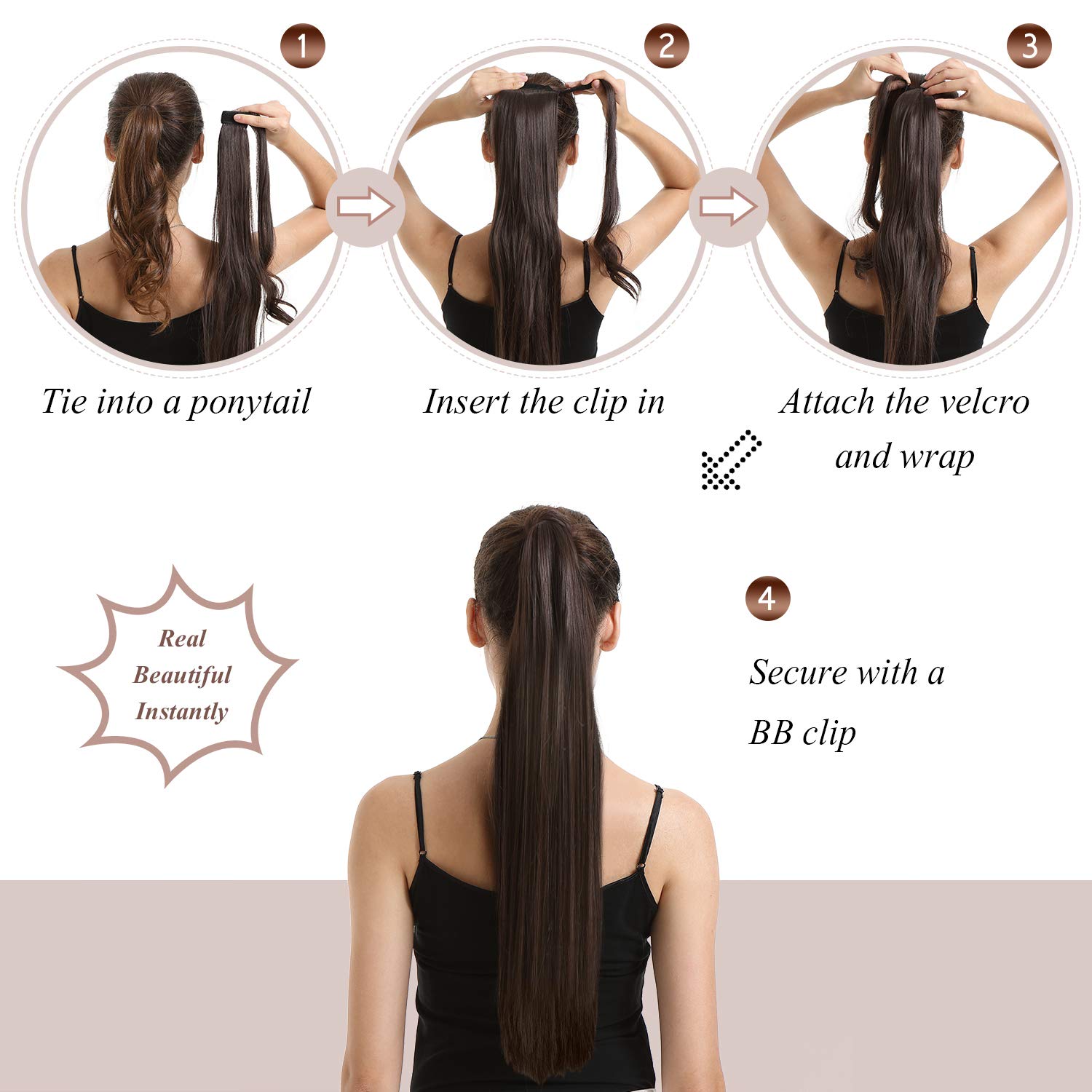 【Promotion】Straight Wrap Ponytail Extension - 24inch Long Straight Wrap Around Ponytail for Women, Synthetic Clip in Ponytails Hair Extensions Brown Pony Tails Hairpieces