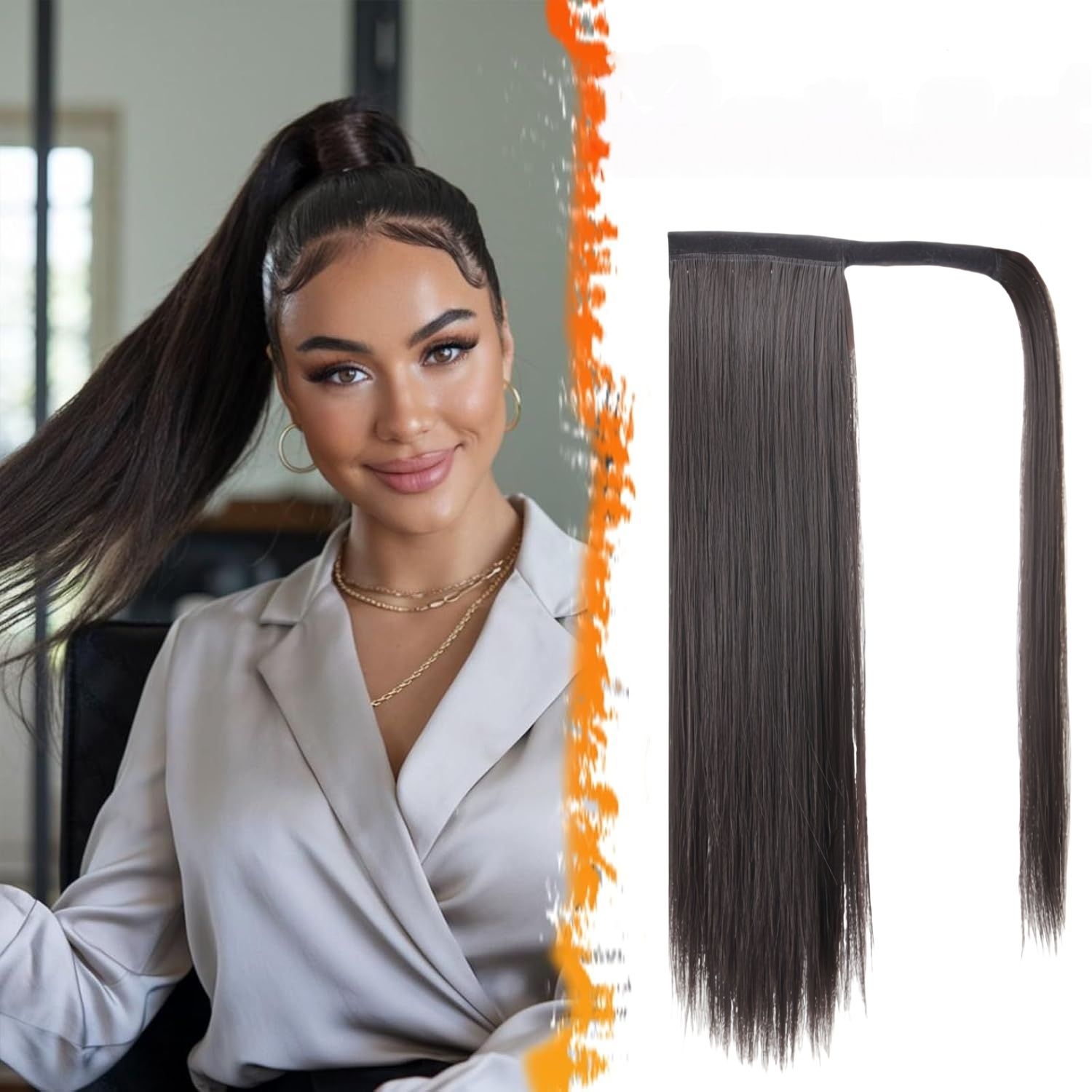 【Promotion】Straight Wrap Ponytail Extension - 24inch Long Straight Wrap Around Ponytail for Women, Synthetic Clip in Ponytails Hair Extensions Brown Pony Tails Hairpieces