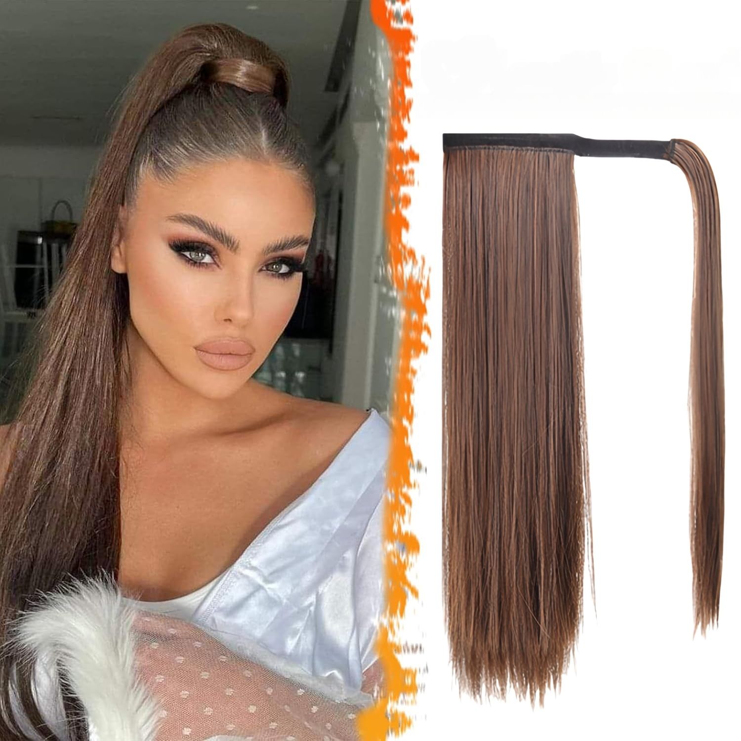 【Promotion】Straight Wrap Ponytail Extension - 24inch Long Straight Wrap Around Ponytail for Women, Synthetic Clip in Ponytails Hair Extensions Brown Pony Tails Hairpieces