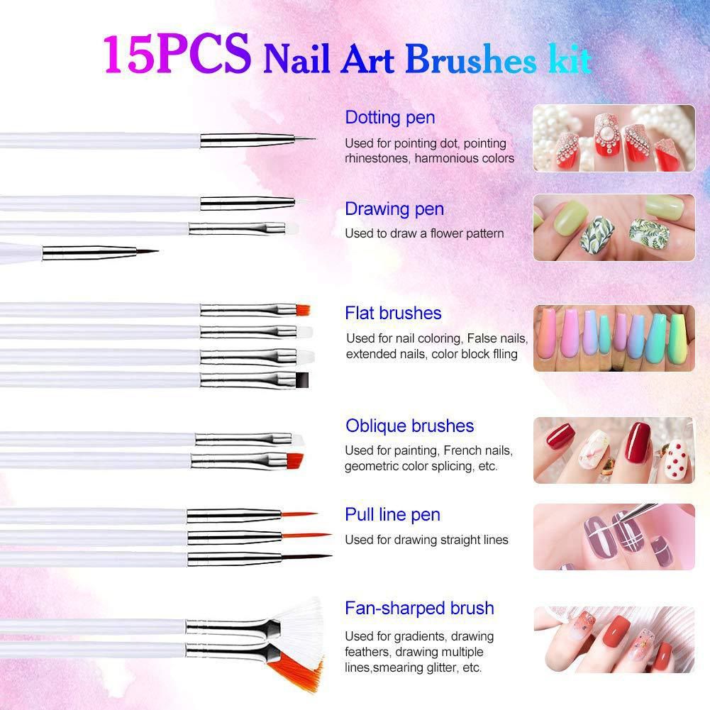 Nail Art Brushes,3D Nail Art Paiting Polish Design Kit with 15 Nail Gel Brushes, Nail Dotting Pen 5pcs, 12 Colors Nail Rinestones 10 Adhesive Nail Striping Tape for False Acrylic Nails