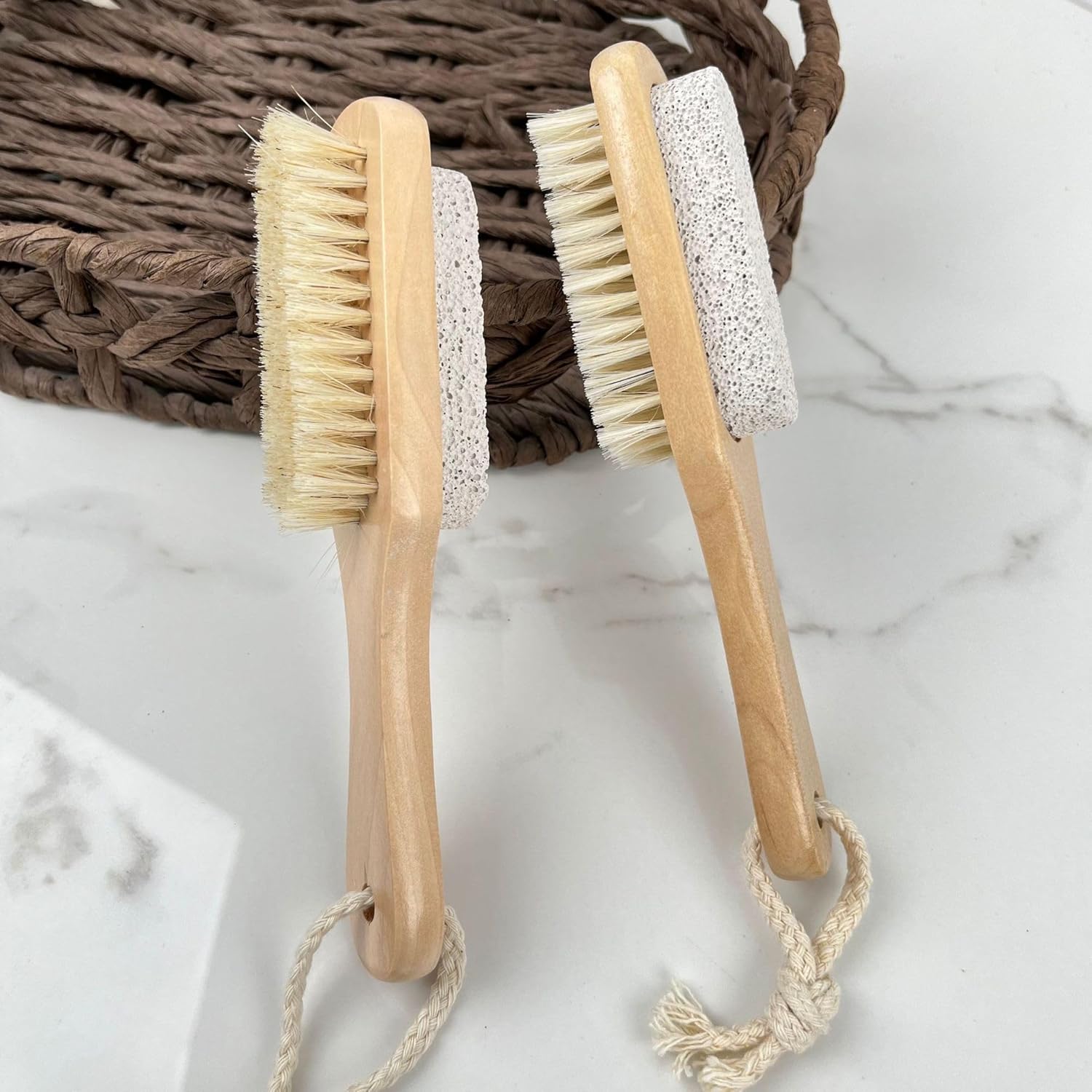 Foot Scrub Brush with Natural Pumice Stone – Wooden Body Brush for Exfoliating Dead Skin, Callus & Hard Skin Remover, Pedicure Tool, Shower & Bath Brush for Men and Women