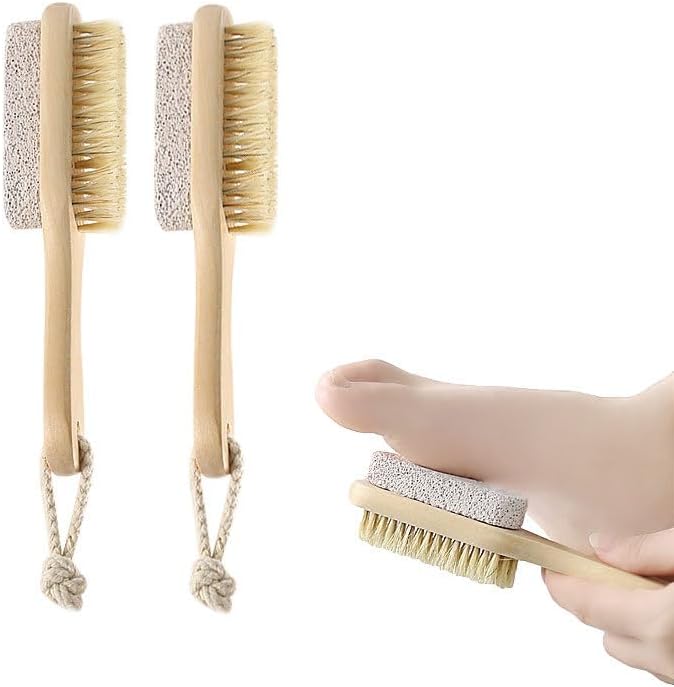 Foot Scrub Brush with Natural Pumice Stone – Wooden Body Brush for Exfoliating Dead Skin, Callus & Hard Skin Remover, Pedicure Tool, Shower & Bath Brush for Men and Women