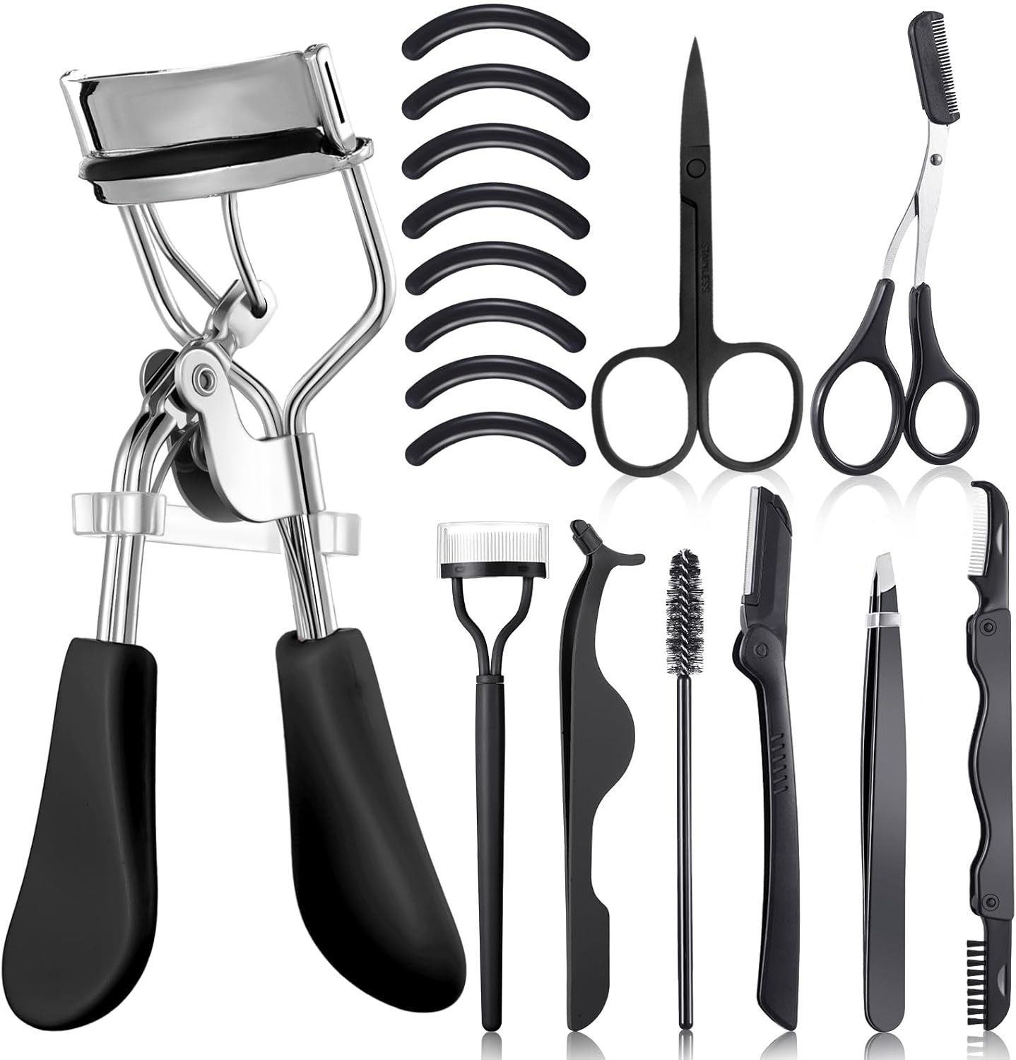 17 Pcs Eyelash Curlers Kit Lash Curler Eyelash Comb Seperator Extension Tweezers Eyebrow Brush Scissors False Eyelashes Applicator Eyebrow Trimmer Silicone Refills Pads for Women