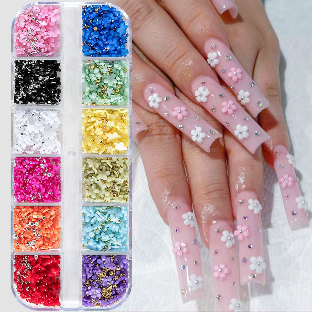 3D Colorful Flower Nail Art Charms, 12-Grid White Pink Acrylic Cherry Blossom Spring Petal Metal Gold Silver Round Caviar Beads Studs Pearl Rhinestones for Manicure Craft DIY