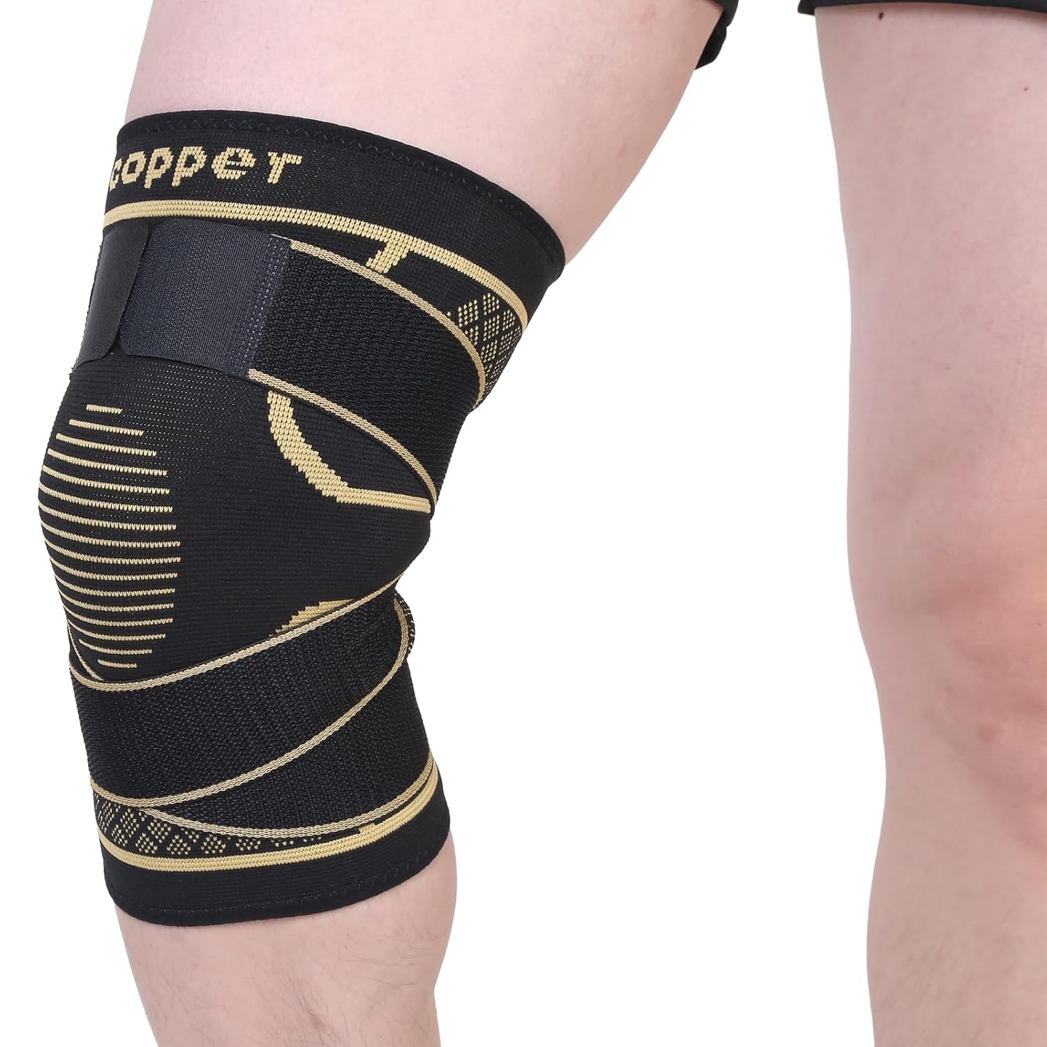 1pc Copper Knee Brace with Strap - Black Compression Sleeve for Stability, Nylon Blend, Modern Design, Strapfast Closure, Comfortable & Durable, Ideal for Daily Activities
