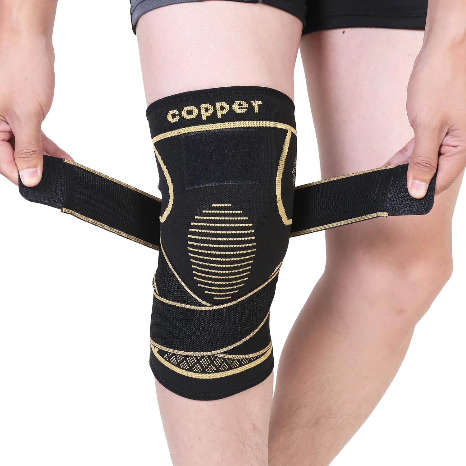 1pc Copper Knee Brace with Strap - Black Compression Sleeve for Stability, Nylon Blend, Modern Design, Strapfast Closure, Comfortable & Durable, Ideal for Daily Activities