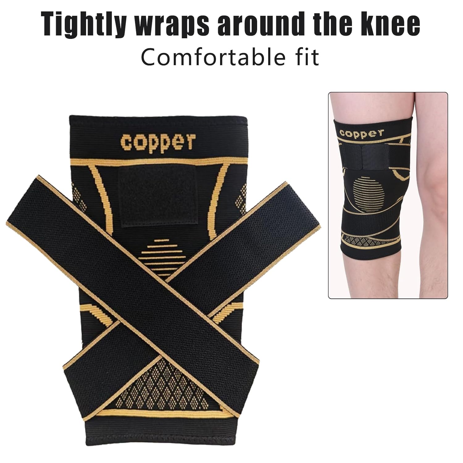 1pc Copper Knee Brace with Strap - Black Compression Sleeve for Stability, Nylon Blend, Modern Design, Strapfast Closure, Comfortable & Durable, Ideal for Daily Activities