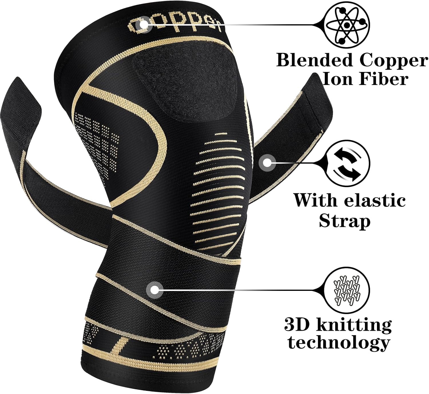 1pc Copper Knee Brace with Strap - Black Compression Sleeve for Stability, Nylon Blend, Modern Design, Strapfast Closure, Comfortable & Durable, Ideal for Daily Activities