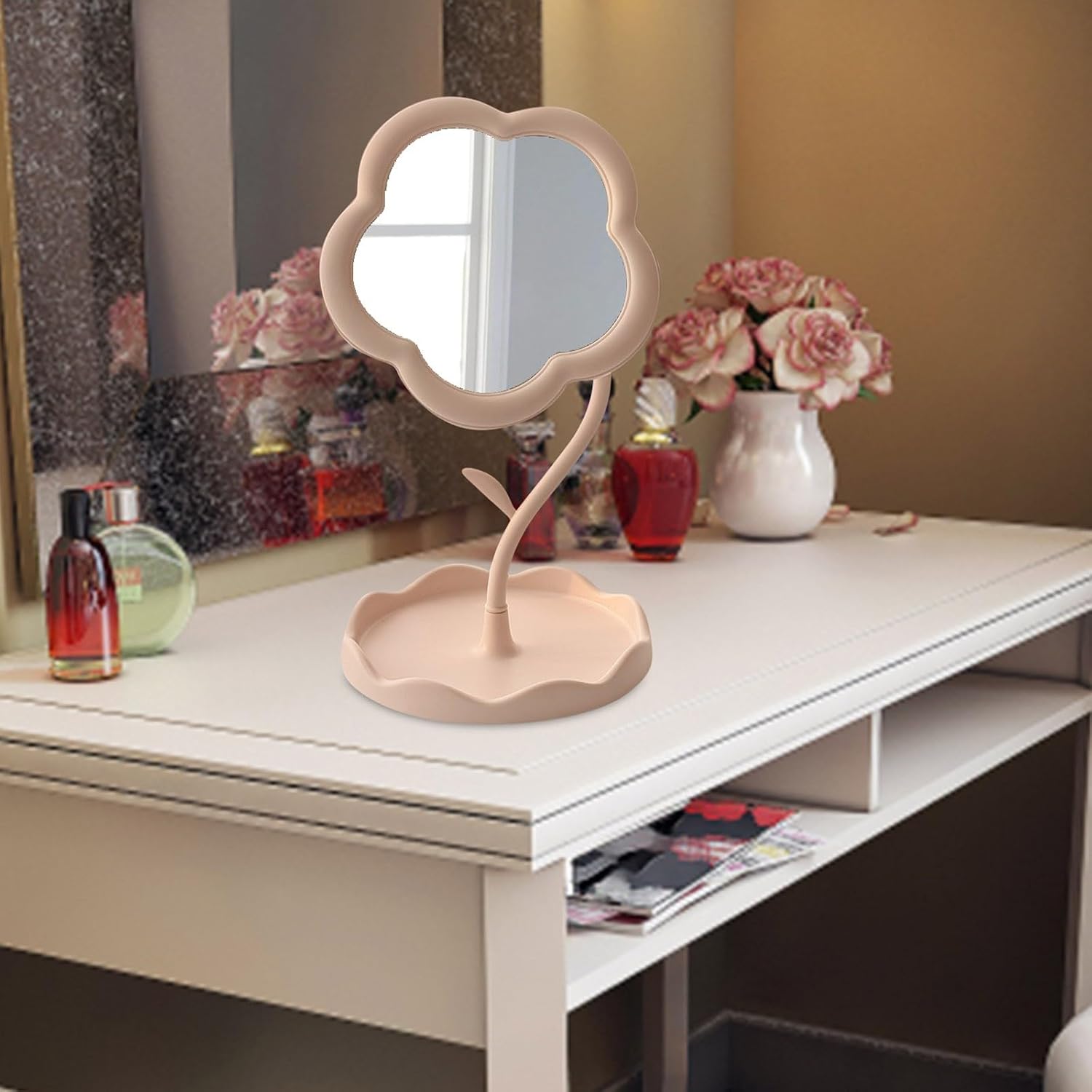 Flower-Shaped Makeup Mirror for Desk Vanity Mirror for Bedroom,Living Room and Minimal Spaces Room Decor Home Decorations