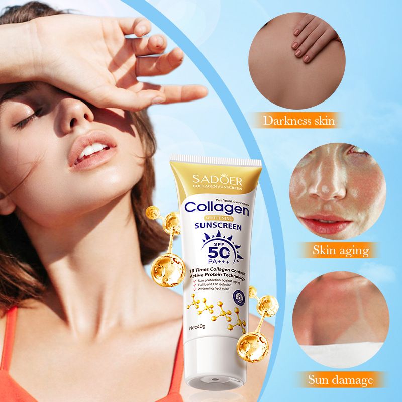 【Clearance Sale】SADOER Collagen Sunscreen SPF 50 – Broad Spectrum UVA/UVB Protection with Active Protein & Collagen – Lightweight, Hydrating, Anti-Aging Formula – 40g
